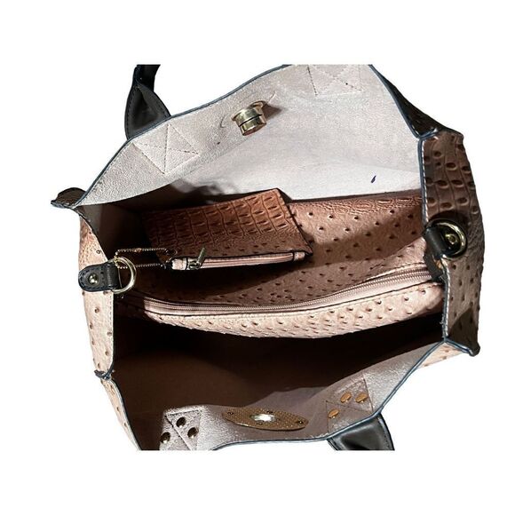 Leather Faux Ostrich Tote Bag Purse Make up Travel 3pc Set Punk and Brown - Picture 7 of 8